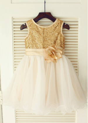 Gold Sequin Ivory Tulle Curly Hem Flower Girl Dress With Flower Sash
